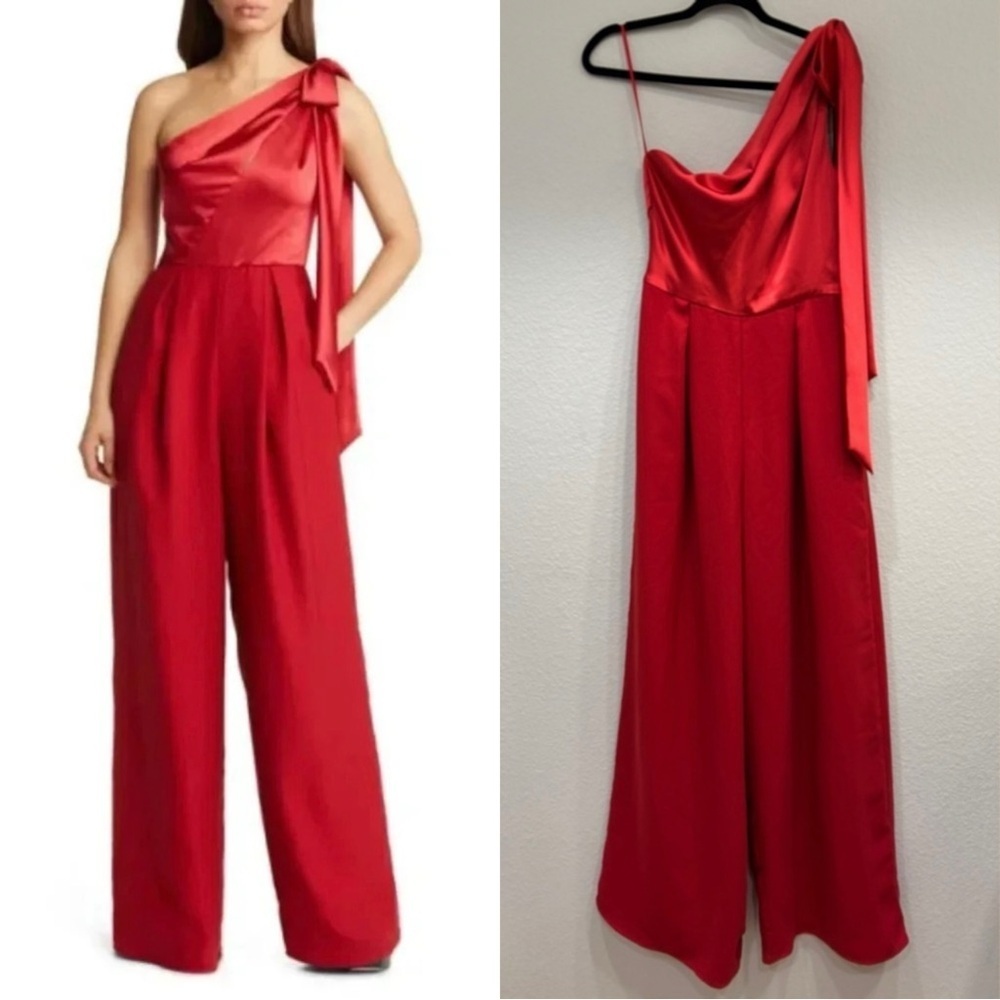 Nwt Amsale Red Satin Evening Jumpsuit With Bow